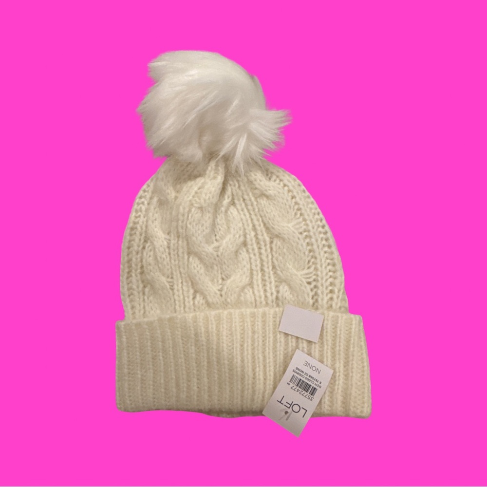 LOFT Cream Knit Pom-Pom Hat
